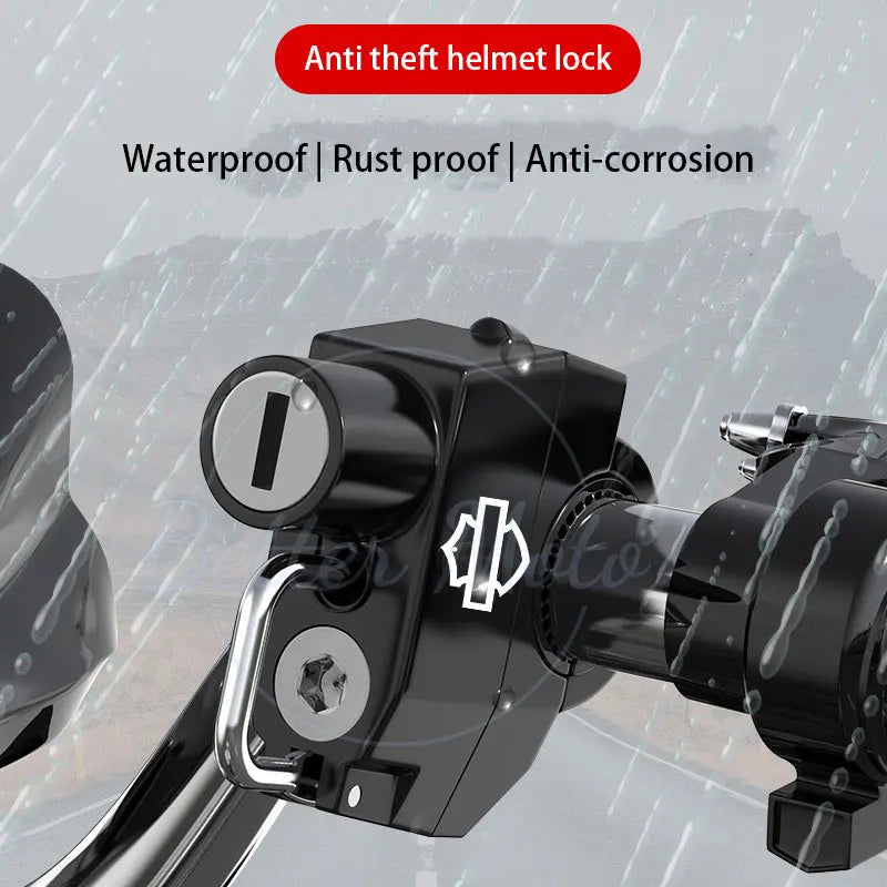 Anti-theft helmet lock attached to a motorcycle with features highlighted.