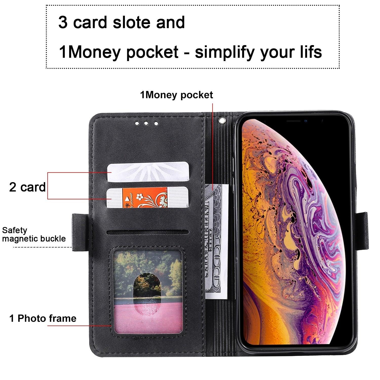 Black phone case with card slots and money pocket for a smartphone
