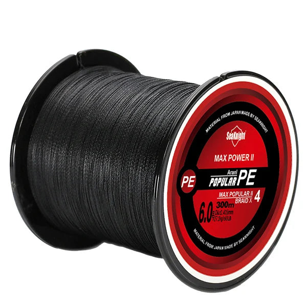 Spool of black fishing line with red and white label on a white background