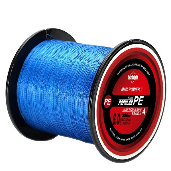 Spool of blue fishing line with a red label on a white background