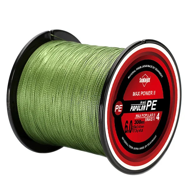 Spool of green fishing line with a red label on a white background