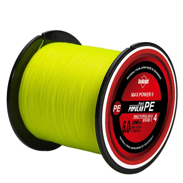 Spool of yellow fishing line with red and black label on a white background