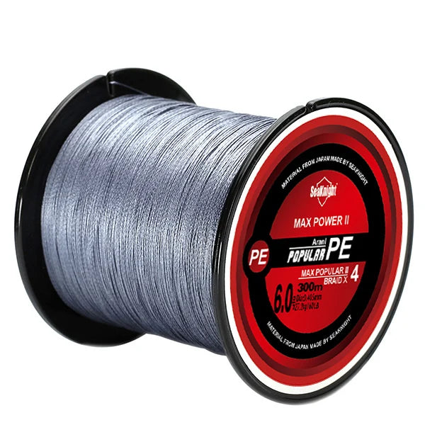 Spool of fishing line with a red label on a white background