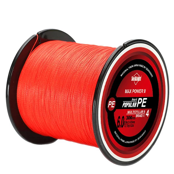 Red spool of fishing line with brand label on a white background