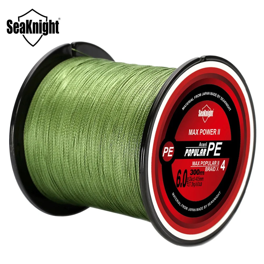 Spool of green fishing line with red label on a white background, featuring the Seaknight brand.
