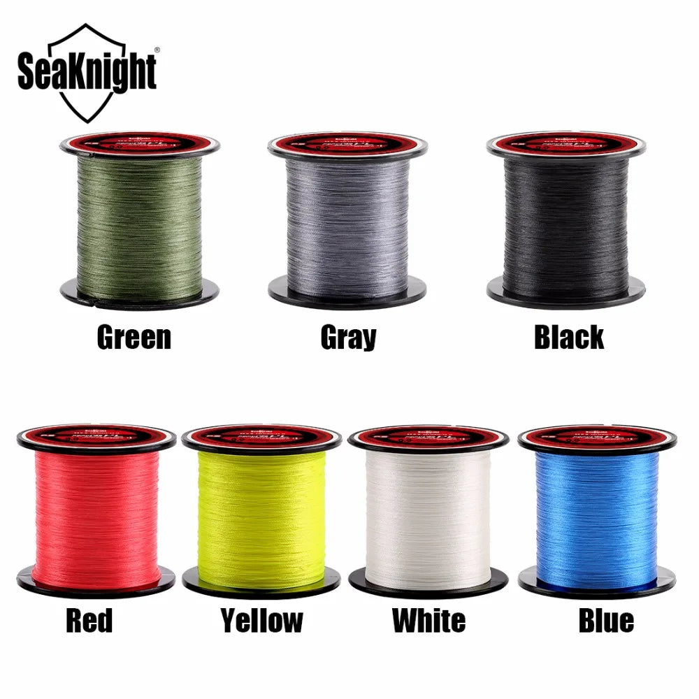 Seaknight fishing line spools in various colors on a white background