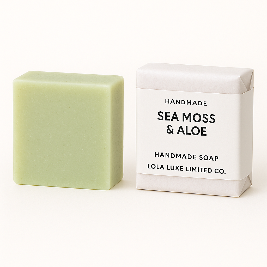 Sea Moss and Aloe bar of soap next to its packaging on a white background
