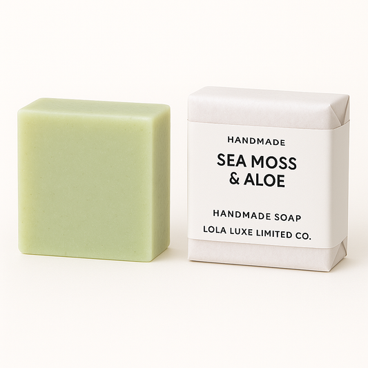 Sea Moss and Aloe bar of soap next to its packaging on a white background