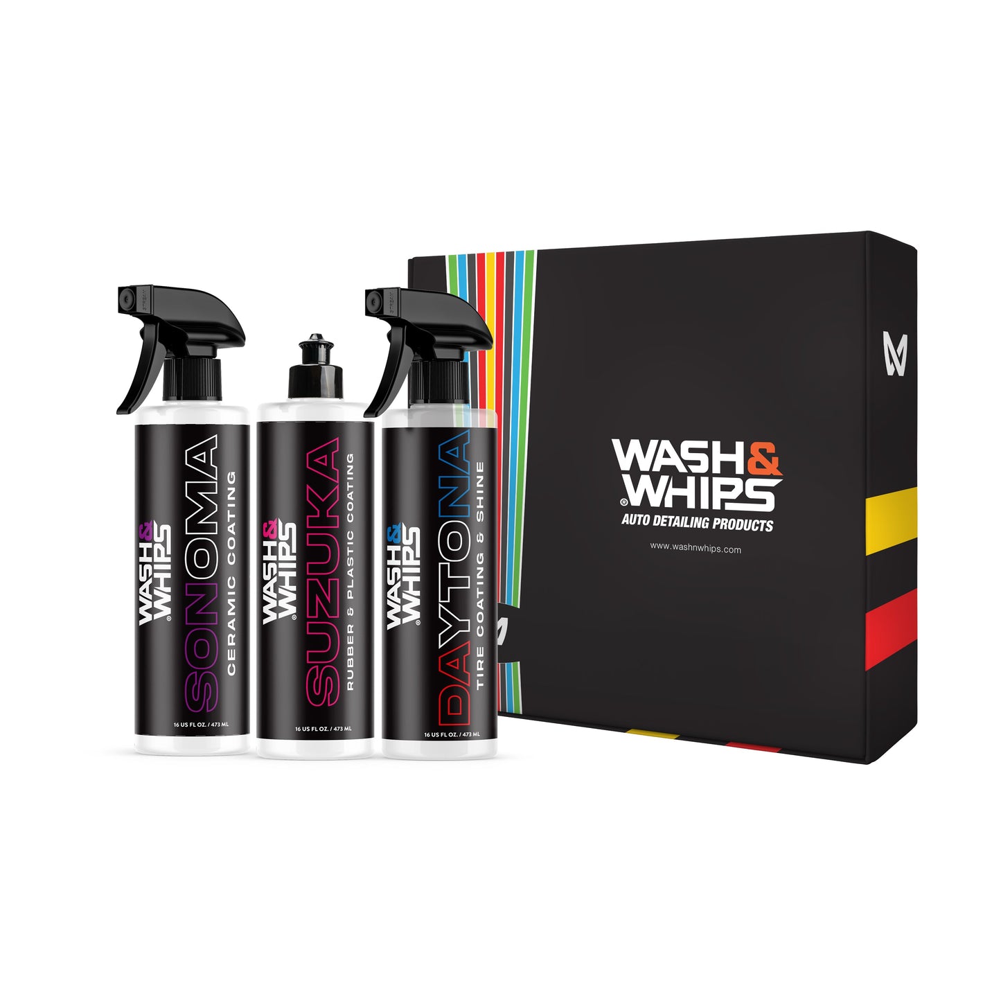 Set of automotive care products with 'Wash & Whips' branding on a white background