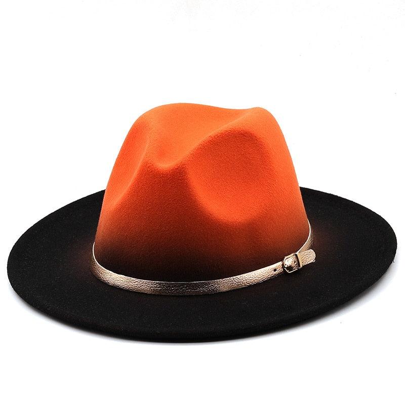 Orange and black hat with a gold band on a white background