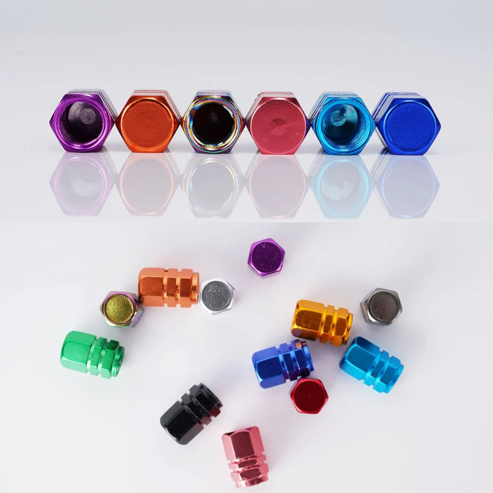 Colorful hexagonal bottle caps on a white background