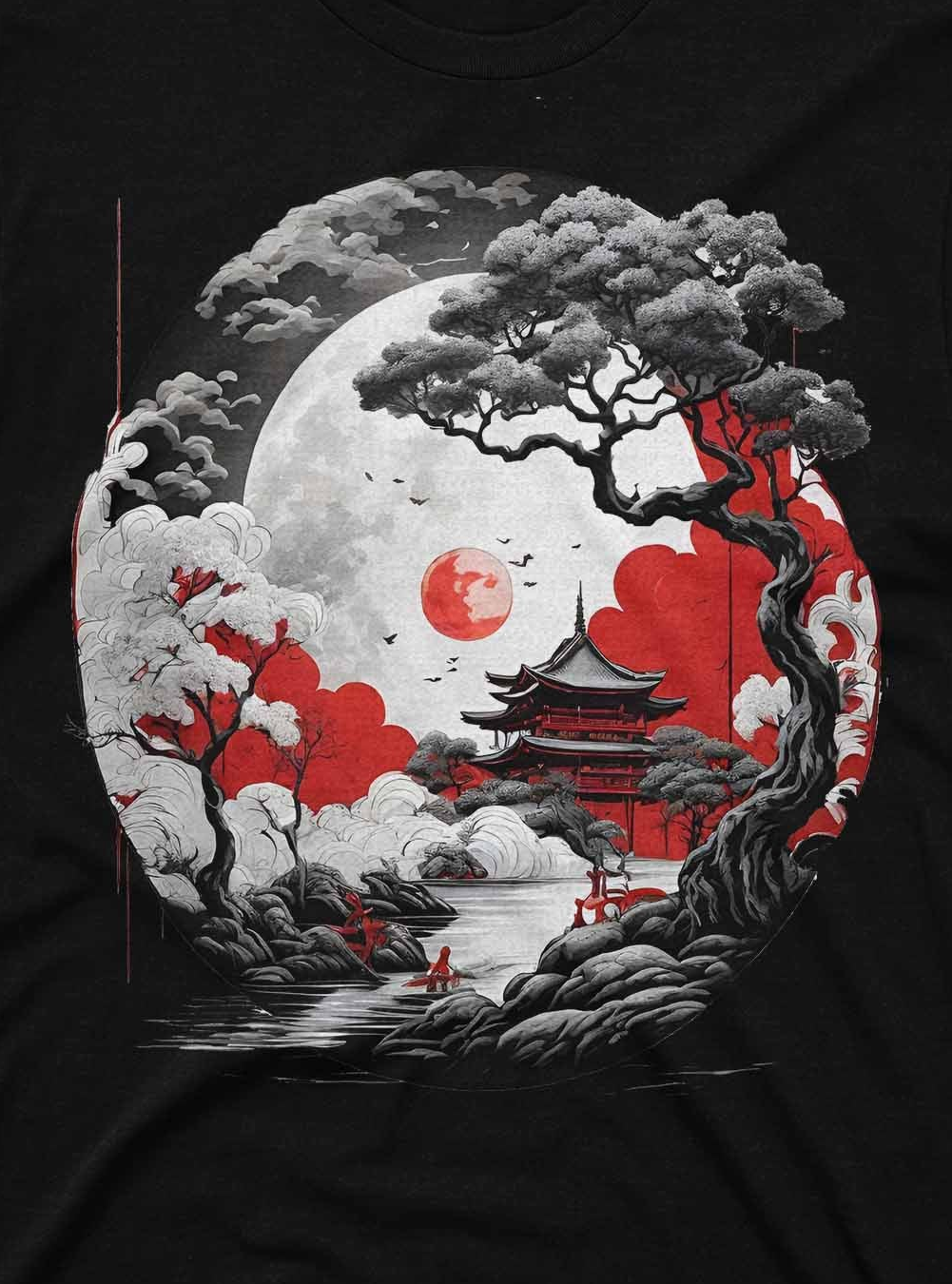 Black t-shirt with a Japanese-style design featuring a moon, tree, and traditional building.