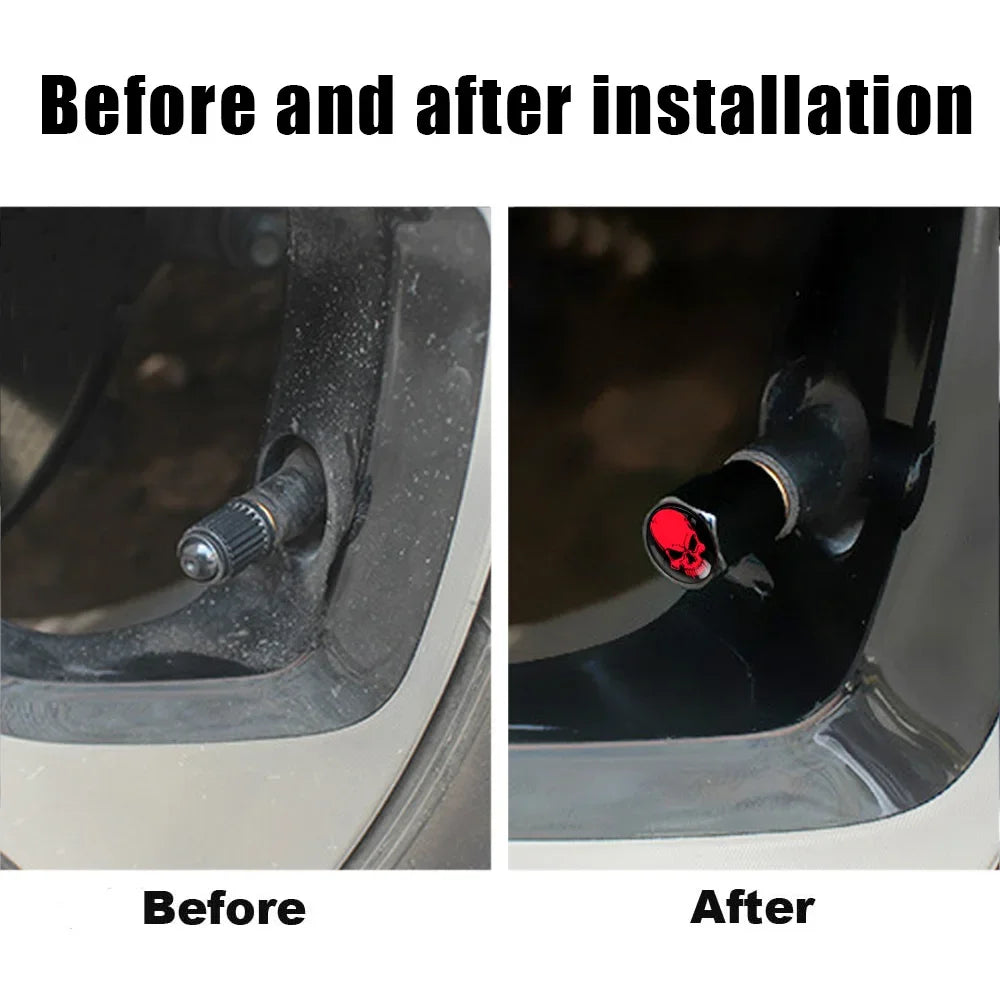 Before and after installation comparison of a tire valve cap on a car wheel.