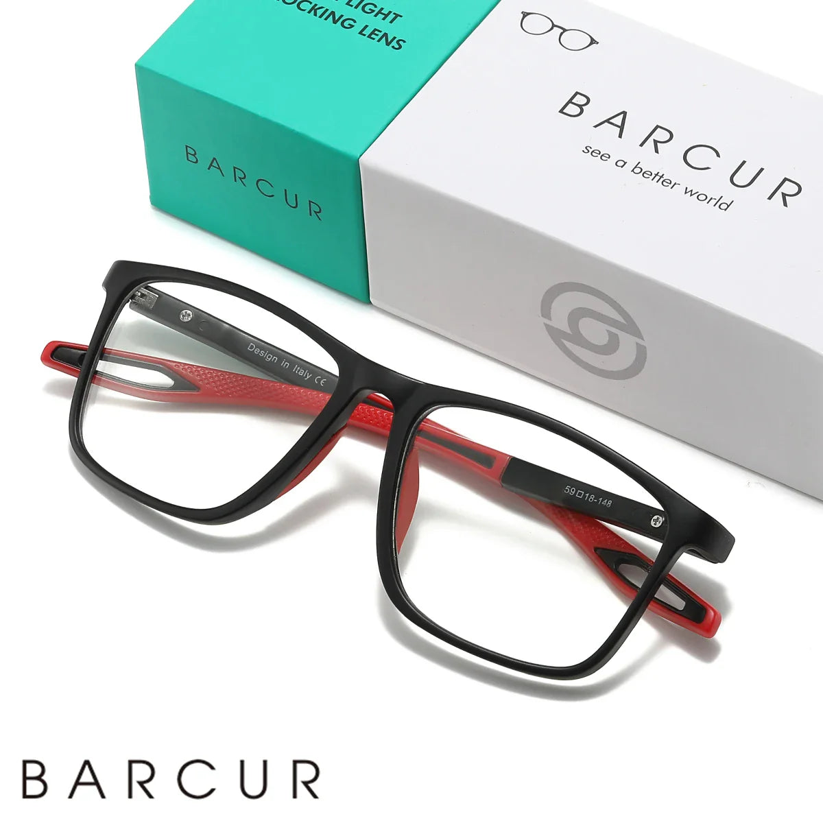 Black and red eyeglasses with a BARCUR branded box on a white background