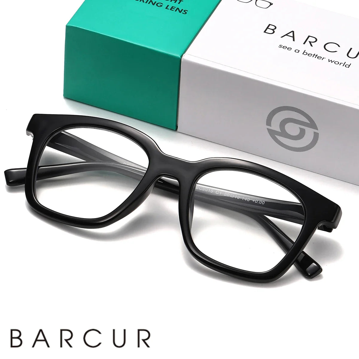 Black eyeglasses with a Barcur branded box in the background