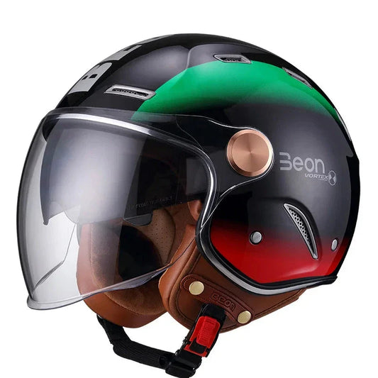 Colorful motorcycle helmet with visor on a white background