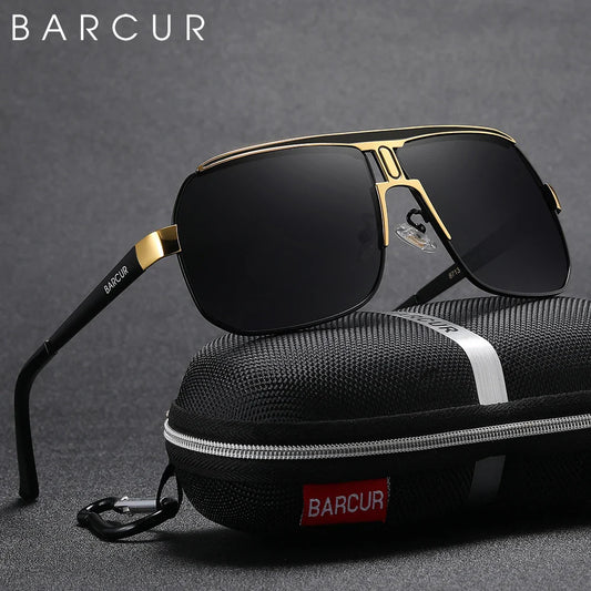 Black and gold sunglasses with a black case on a gray background, featuring the BARCUR brand.