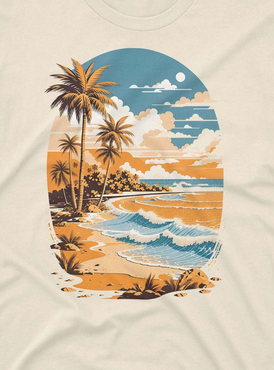 Beach scene with palm trees and waves on a beige background