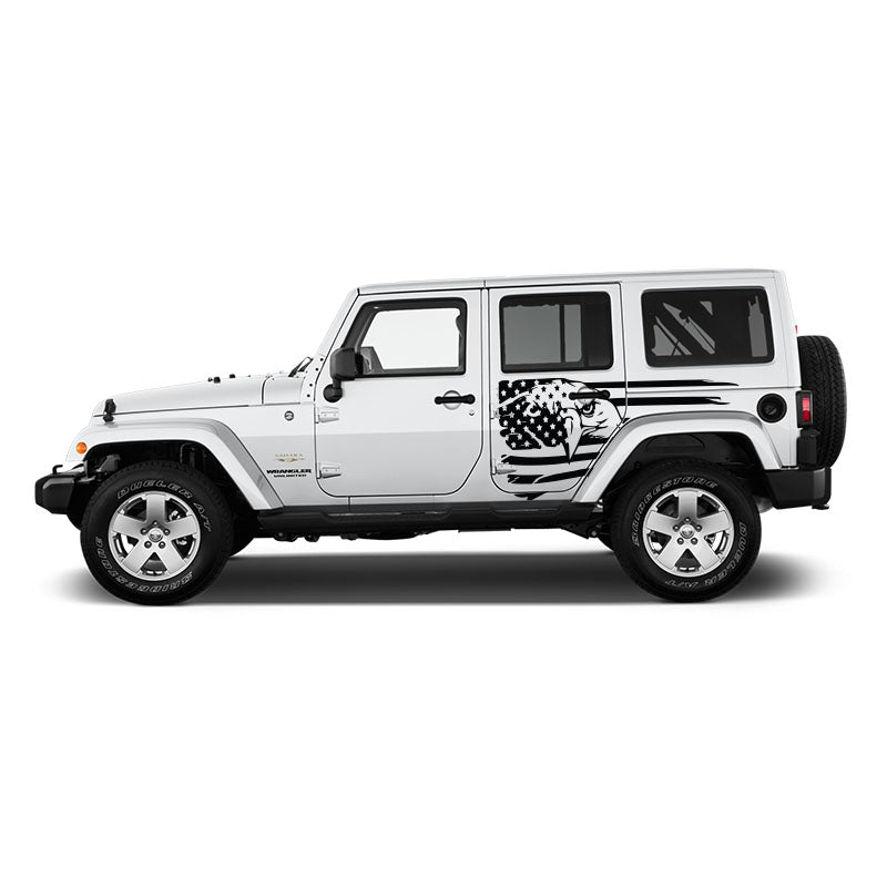 White Jeep vehicle with American flag and Eagle design on a white background