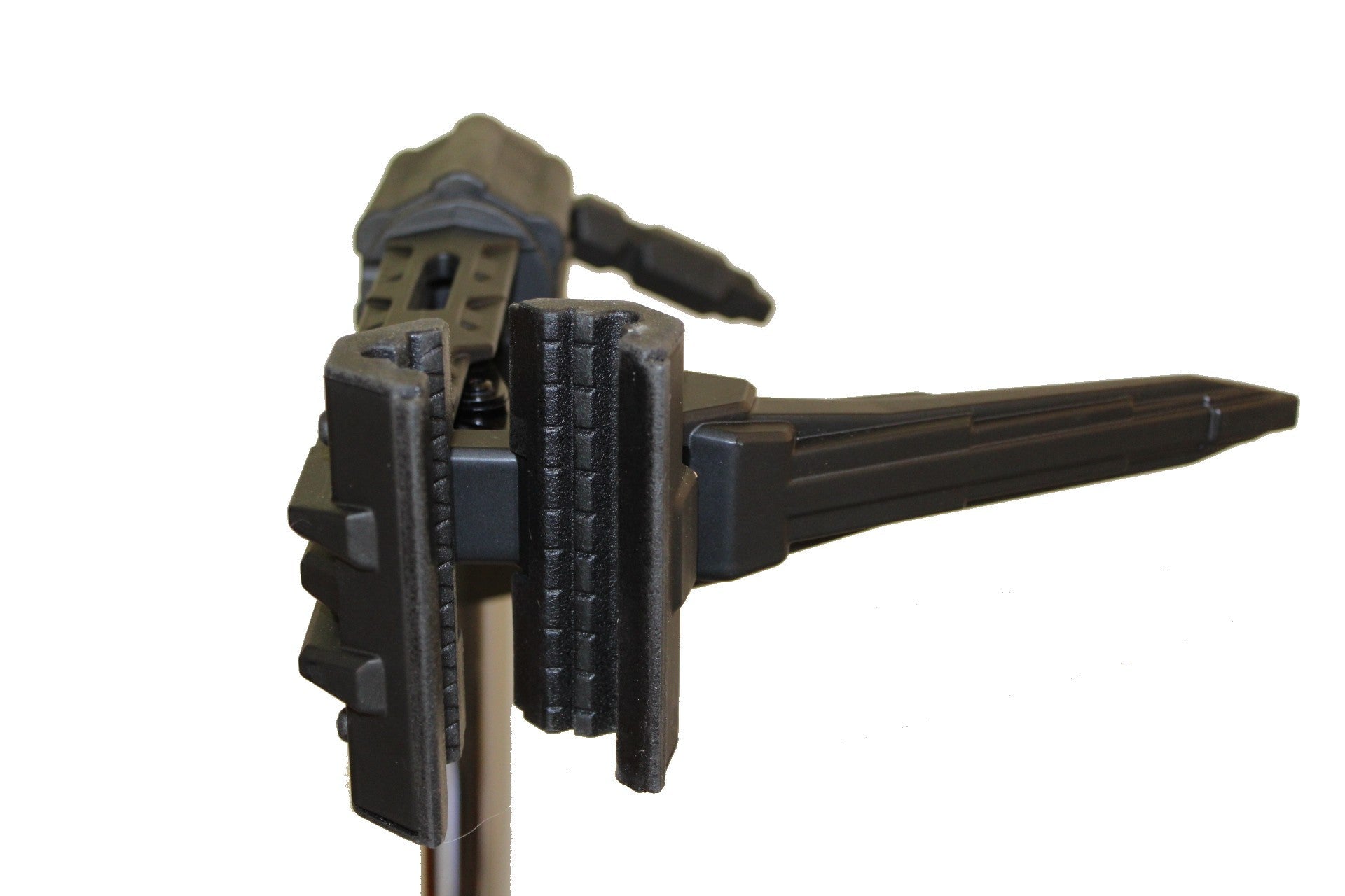 Black metal clamp on a white background