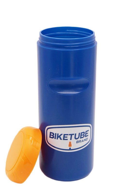 Blue container with orange lid featuring 'Biketube' branding on a white background