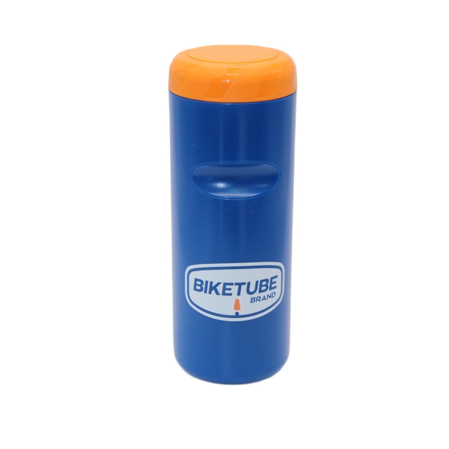 Blue and orange biketube can with 'Biketube' branding on a white background