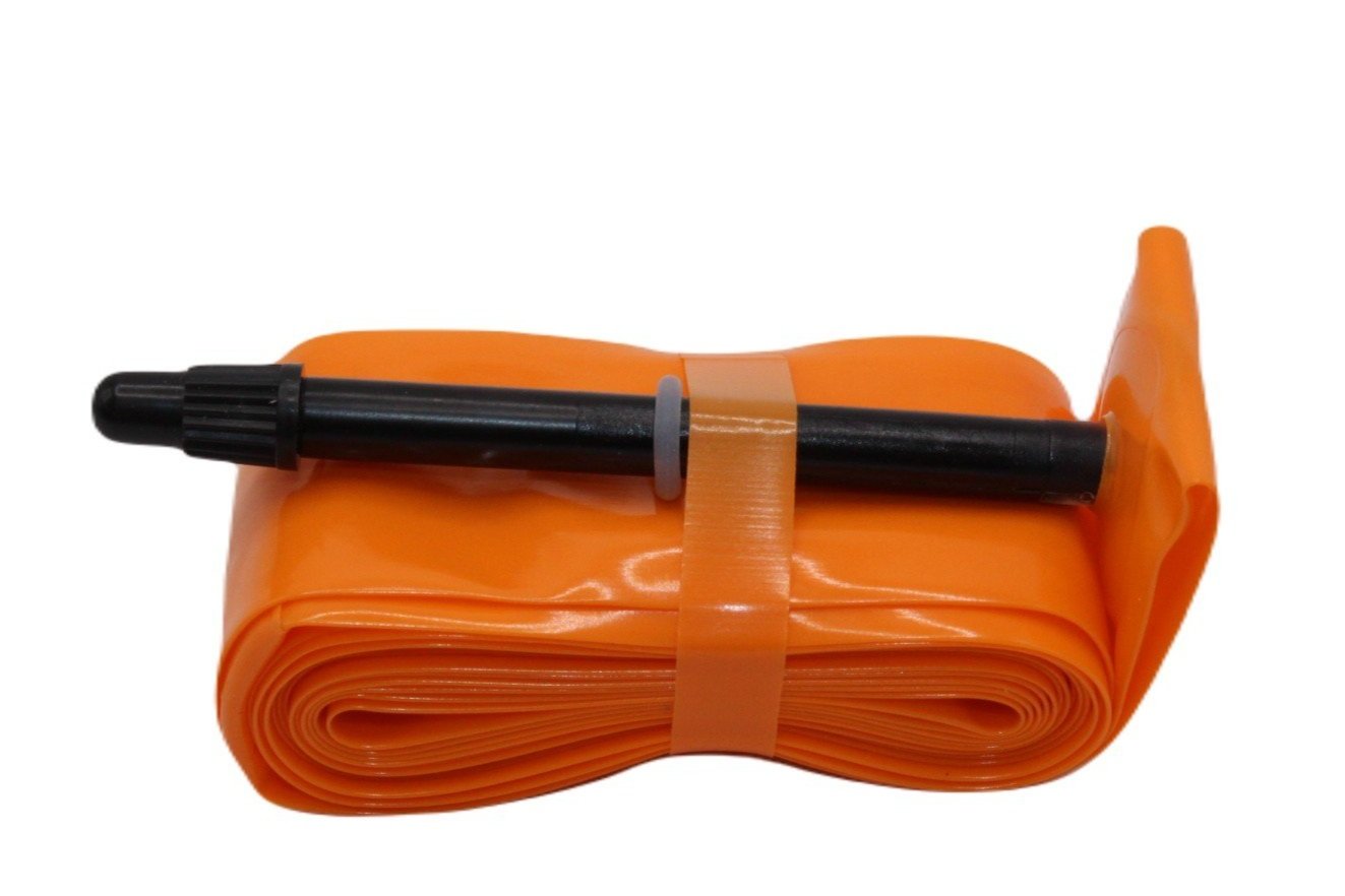 Orange bicycle Tube with black valve on a white background