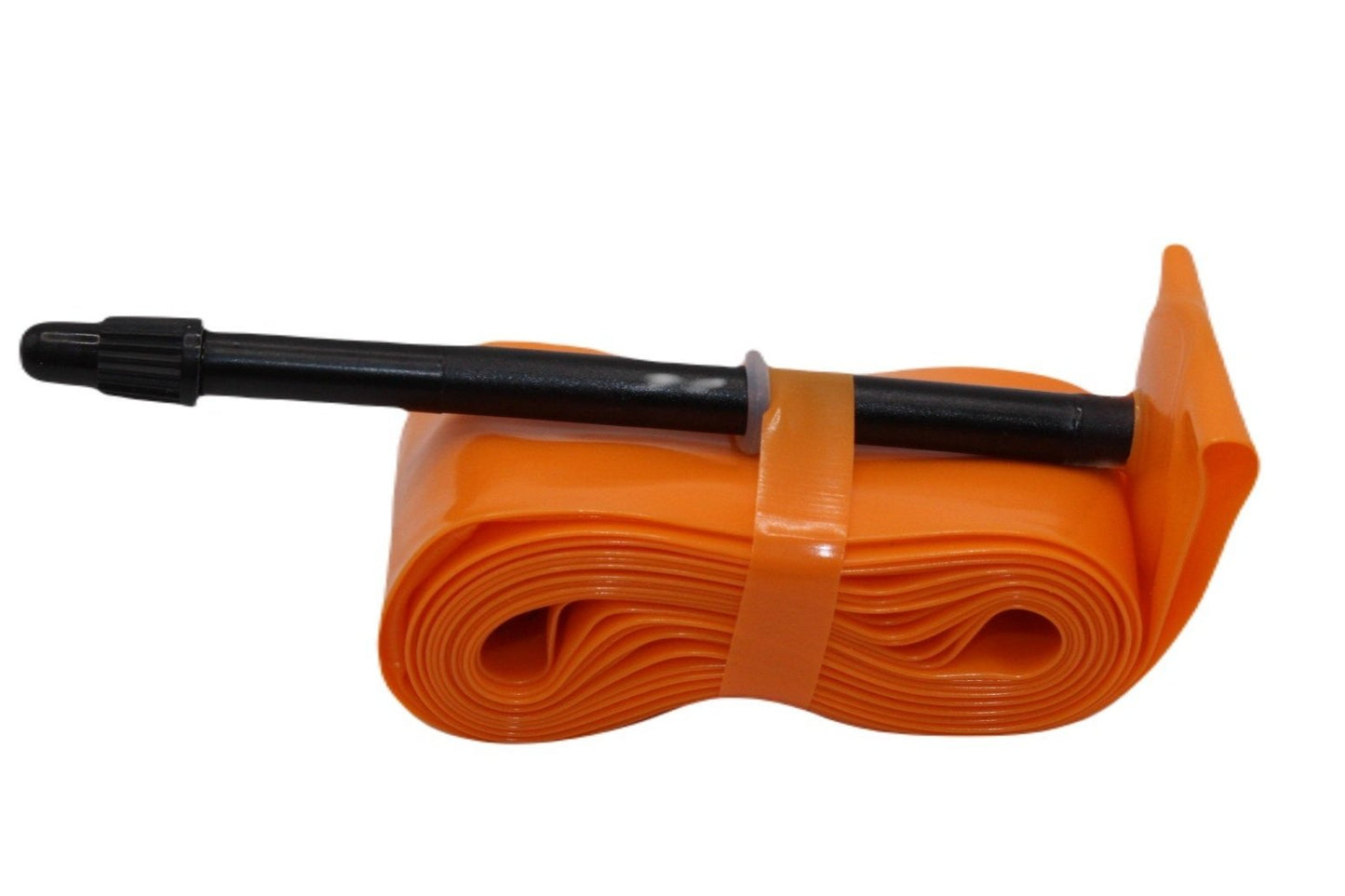 Orange bicycle inner tube with black valve on a white background