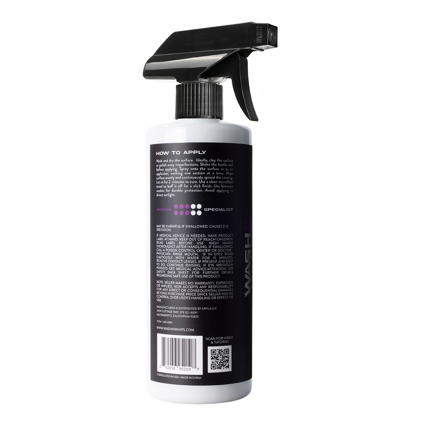 Spray bottle with black label and nozzle on a white background