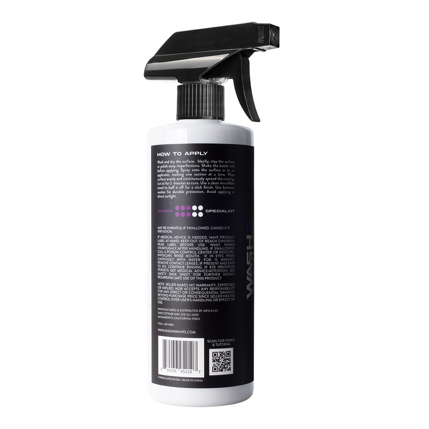 Spray bottle with black label and nozzle on a white background