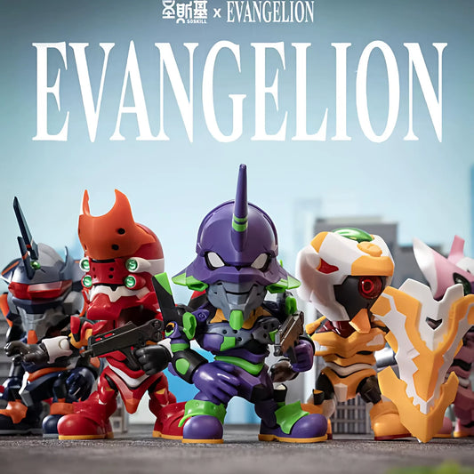 Colorful Evangelion action figures with a blurred cityscape background