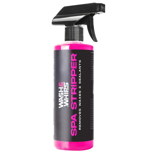 Spa Stripper bottle with pink and black design on a white background