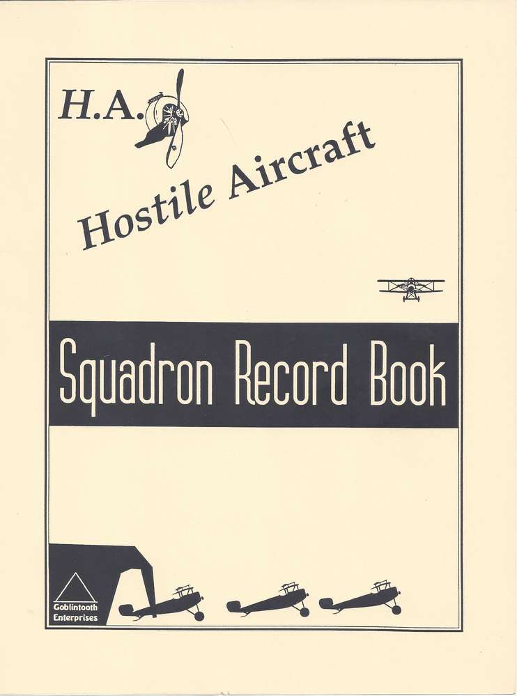 Cover of 'H.A. Hostile Aircraft Squadron Record Book' with airplane illustrations on a beige background.