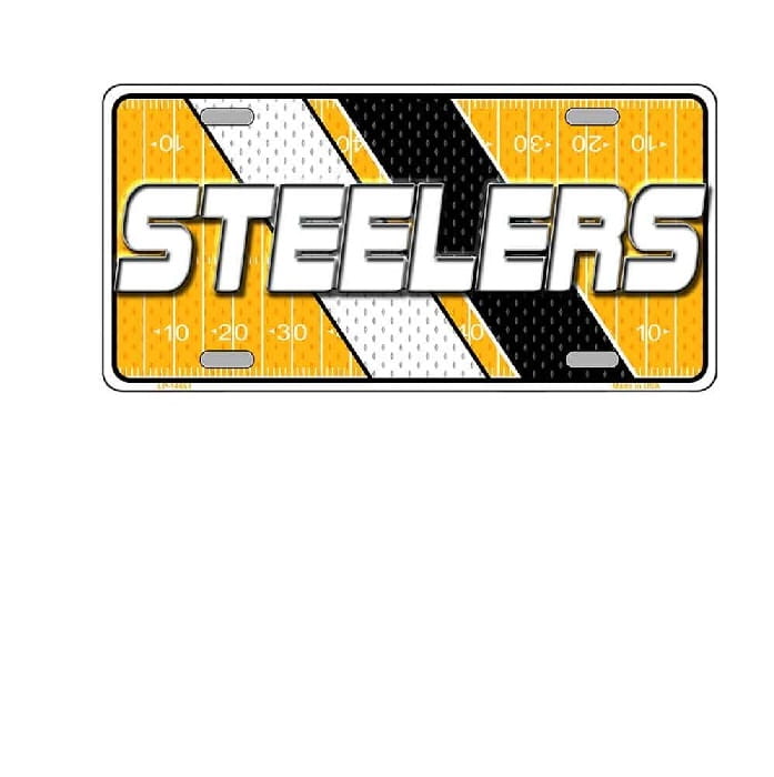 License plate with 'Steelers' text on a yellow and black striped Playing Field