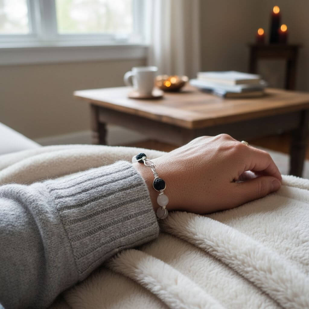 Person wearing a bracelet with a blurred background of a cozy living room.