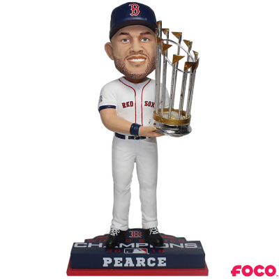 Bobblehead of a red sox baseball player holding a trophy with 'FOCO' branding on a white background