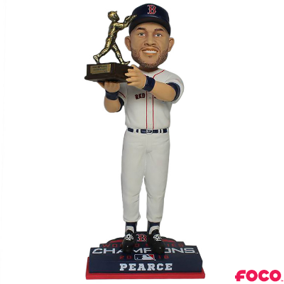 Bobblehead of a red sox baseball player holding a trophy with 'FOCO' branding on a white background