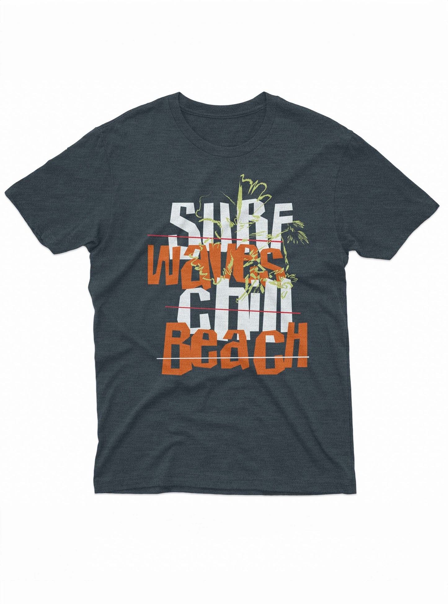 Dark gray t-shirt with 'Surf Waves Chill Beach' text design on a white background