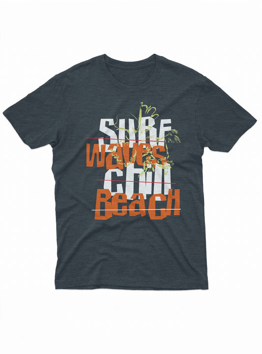 Dark gray t-shirt with 'Surf Waves Chill Beach' text design on a white background