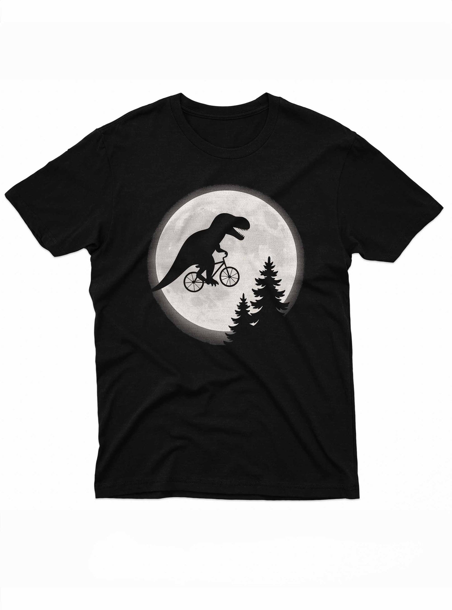 Black t-shirt with a graphic of a dinosaur riding a bicycle under a moon on a white background