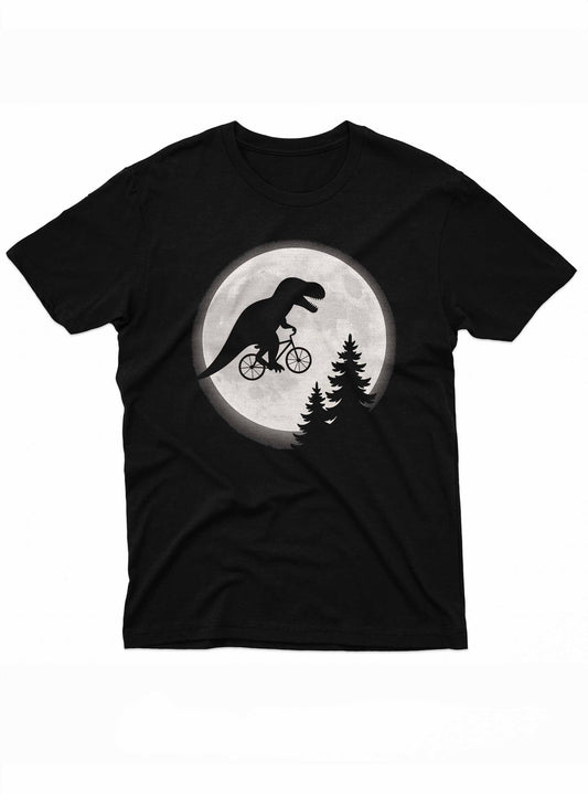 Black t-shirt with a graphic of a dinosaur riding a bicycle under a moon on a white background