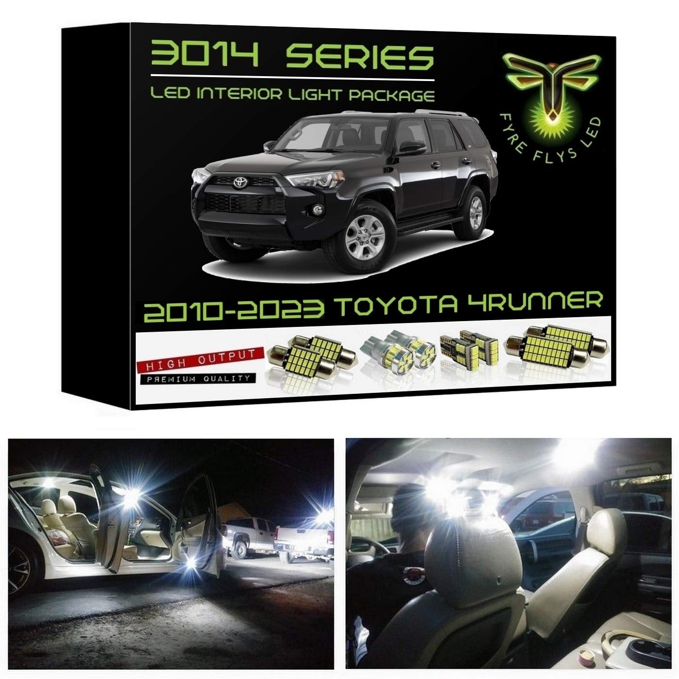Boxed LED interior light package for 2010-2023 Toyota 4Runner with images of car interior lights on.