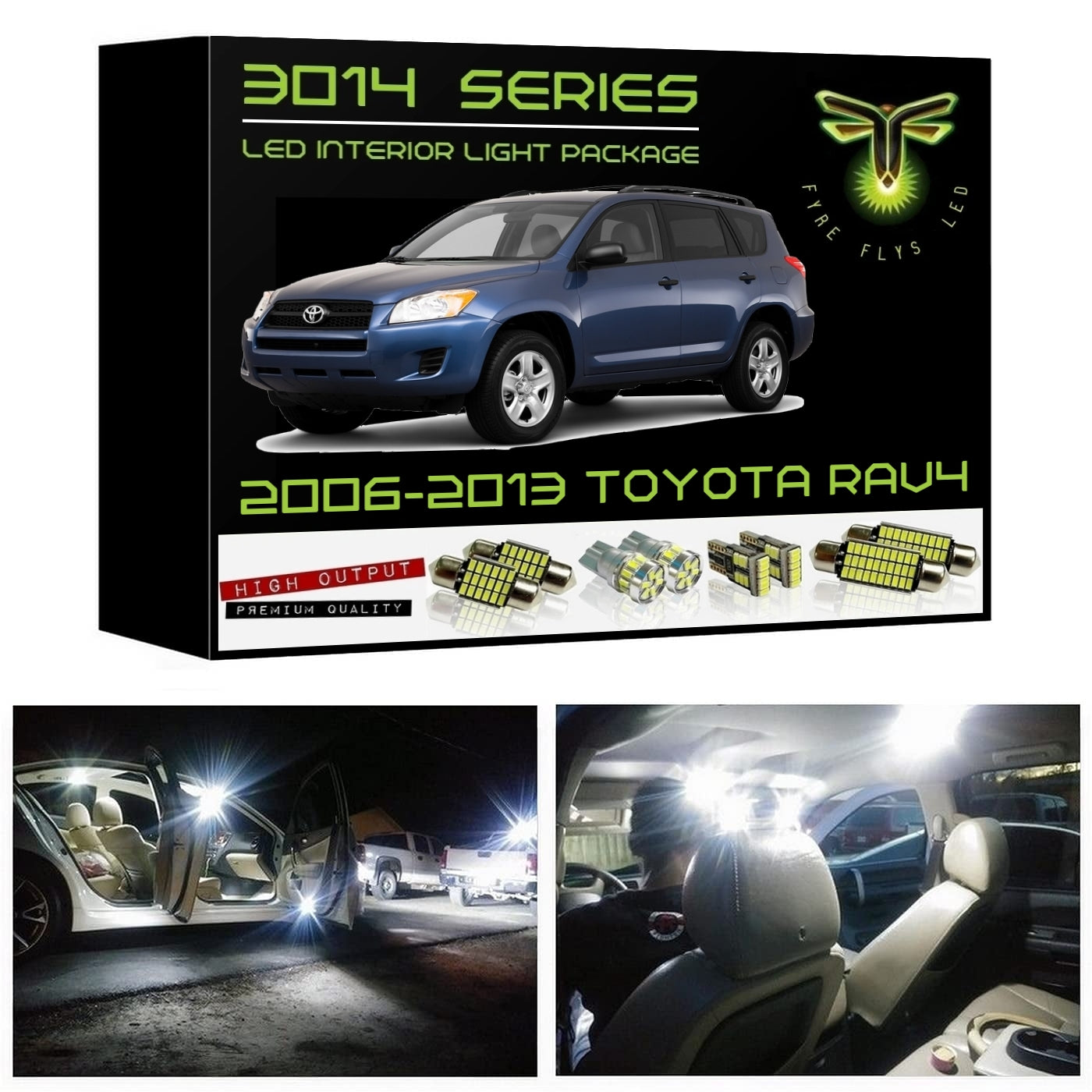 LED interior light package for 2006-2013 Toyota RAV4 with product packaging and installation images.