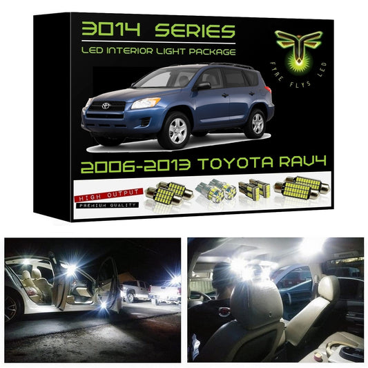 LED interior light package for 2006-2013 Toyota RAV4 with product packaging and installation images.