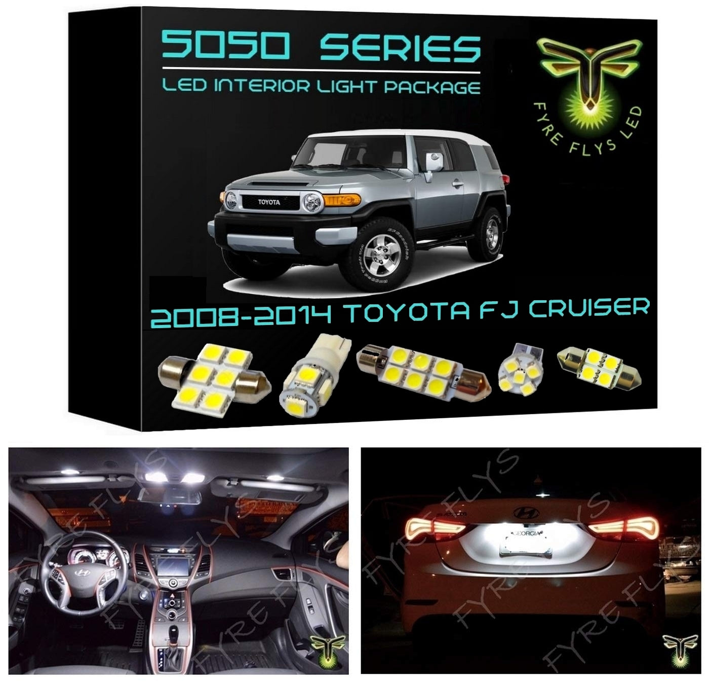 Fyre Flys LED interior light package for 2008-2014 Toyota FJ Cruiser on a black background