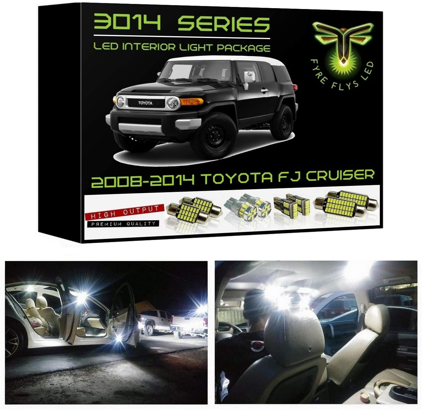 Fyre Flys LED interior light package for 2008-2014 Toyota FJ Cruiser with product packaging and installation images.