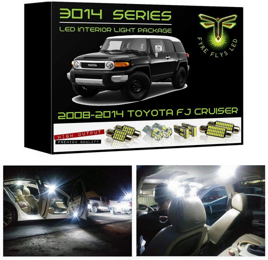 Fyre Flys LED interior light package for 2008-2014 Toyota FJ Cruiser with product packaging and installation images.