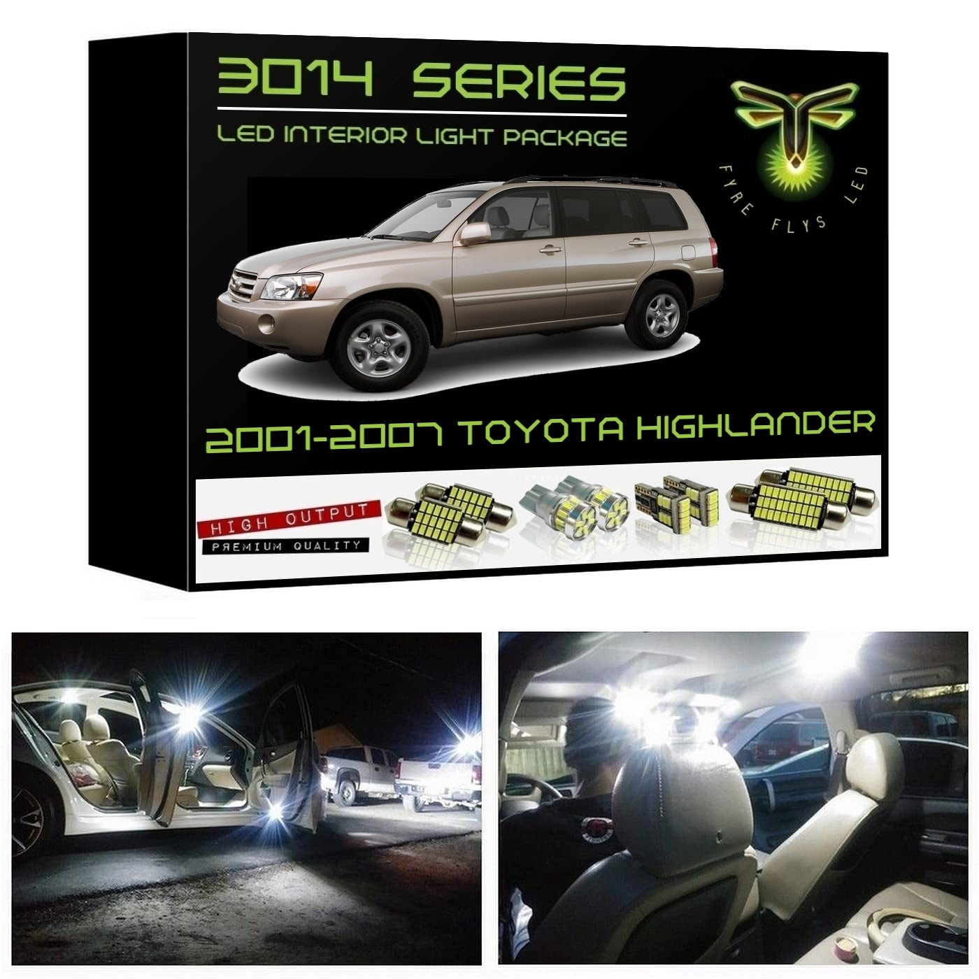 LED interior light package for 2001-2007 Toyota Highlander with product packaging and installation images.