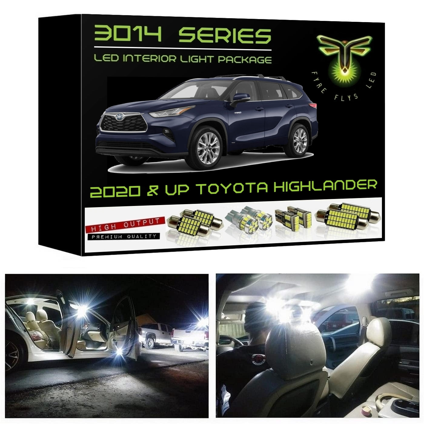 LED interior light package for 2020 & up Toyota Highlander with product packaging and installation images.