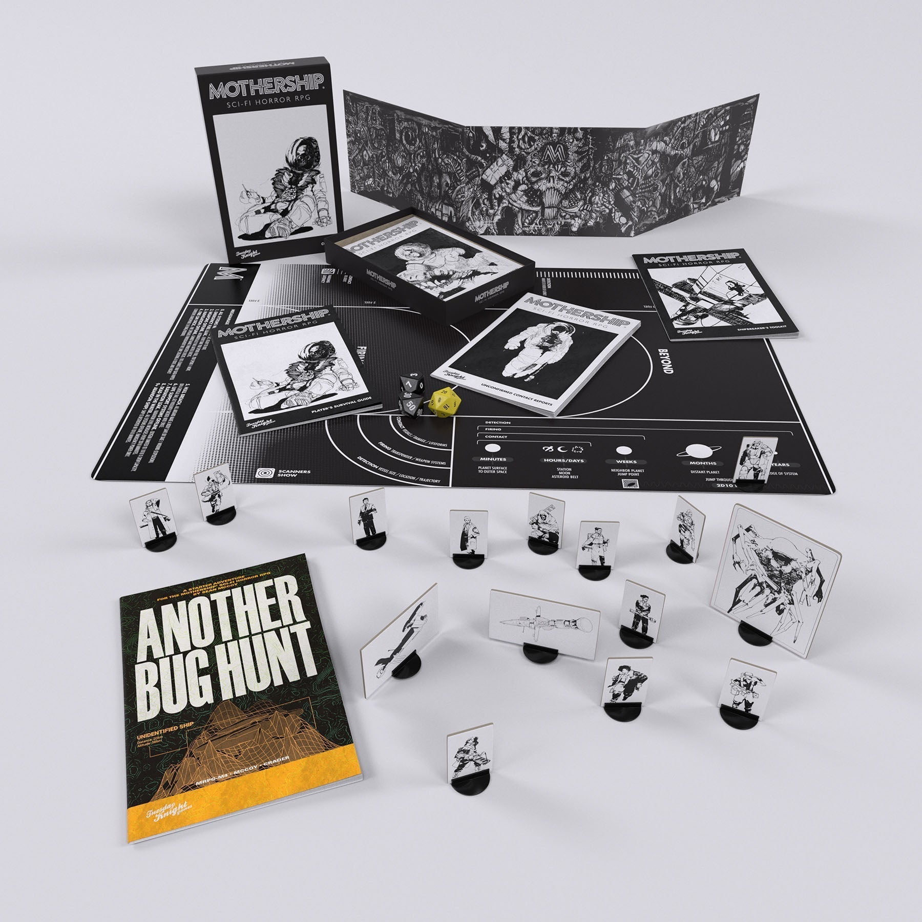 Board game packaging with cards and figures on a white background